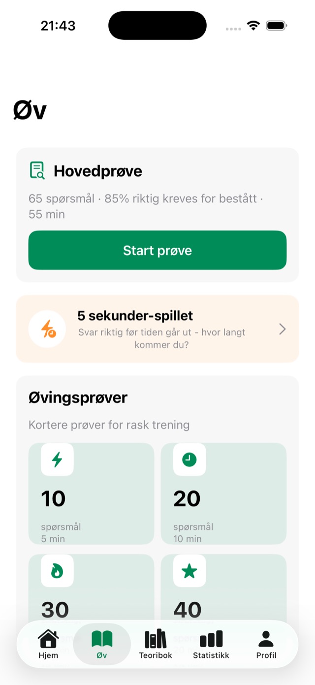 Øv-skjermen med hovedprøve, 5 sekunder-spillet og øvingsprøver på 10, 20, 30 og 40 spørsmål